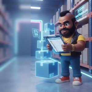 Personaje de elEquipoIA gestionando el inventario y el catálogo de productos en el almacén.