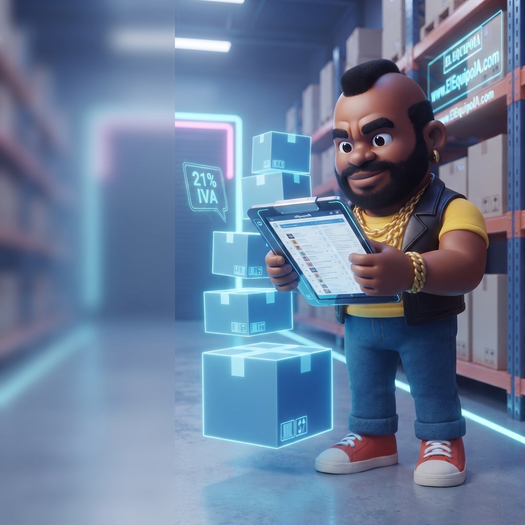 Personaje de elEquipoIA gestionando el inventario y el catálogo de productos en el almacén.