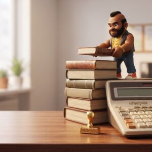 Ilustración 3D de TRACKACUS organizando libros contables oficiales de una empresa.