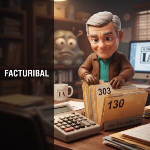 Personaje en 3D calculando impuestos trimestrales en un ordenador con el logotipo de elEquipoIA.