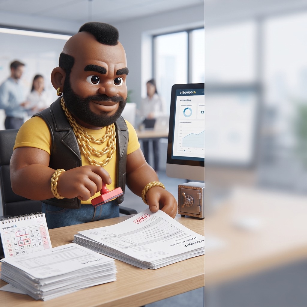 Ilustración 3D de Trackacus gestionando facturas de compra y revisando proveedores en elEquipoIA.