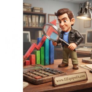 Personaje de elEquipoIA analizando un gráfico financiero ascendente.