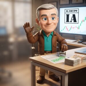 Personaje de elEquipoIA sellando una factura como pagada en un entorno de oficina.