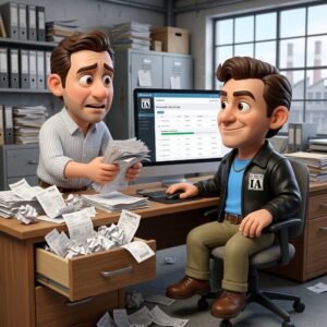 Fidélix organizando las facturas electrónicas de proveedores en una oficina de compras.