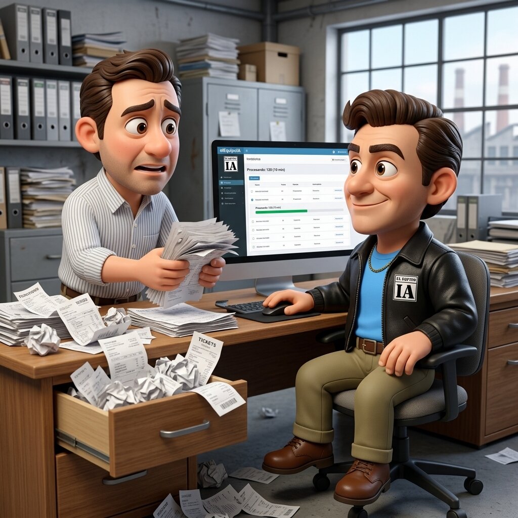 Fidélix organizando las facturas electrónicas de proveedores en una oficina de compras.