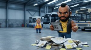 Trackacus asigna rutas y revisa el stock de vehículos con el plugin OpenServBus de elEquipoIA en unas cocheras.