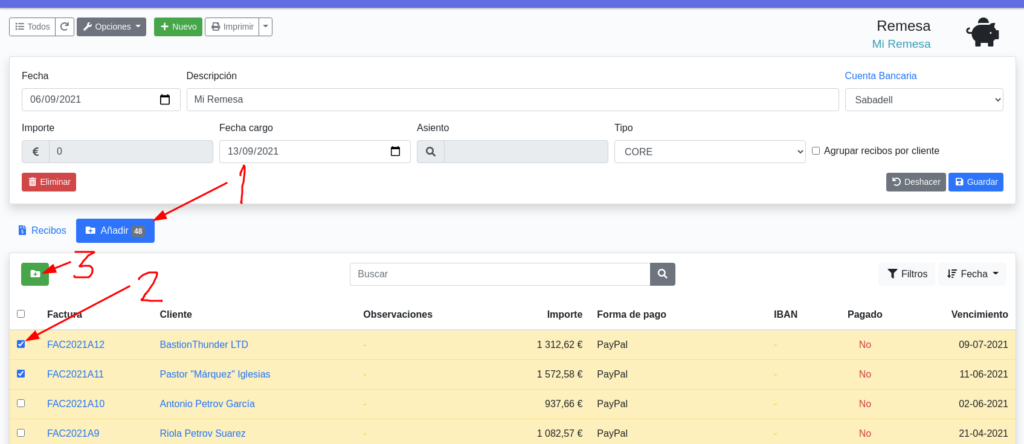 anadir recibos remesa