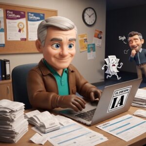 Facturibal revisando recibos devueltos en la secretaría de una academia de idiomas.
